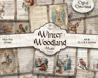 Winter Woodland Sheet Music Pages, Junk Journal Kit, Decorative Papers, Printable vintage, Scrapbook, (Digital Download) Kit Craft