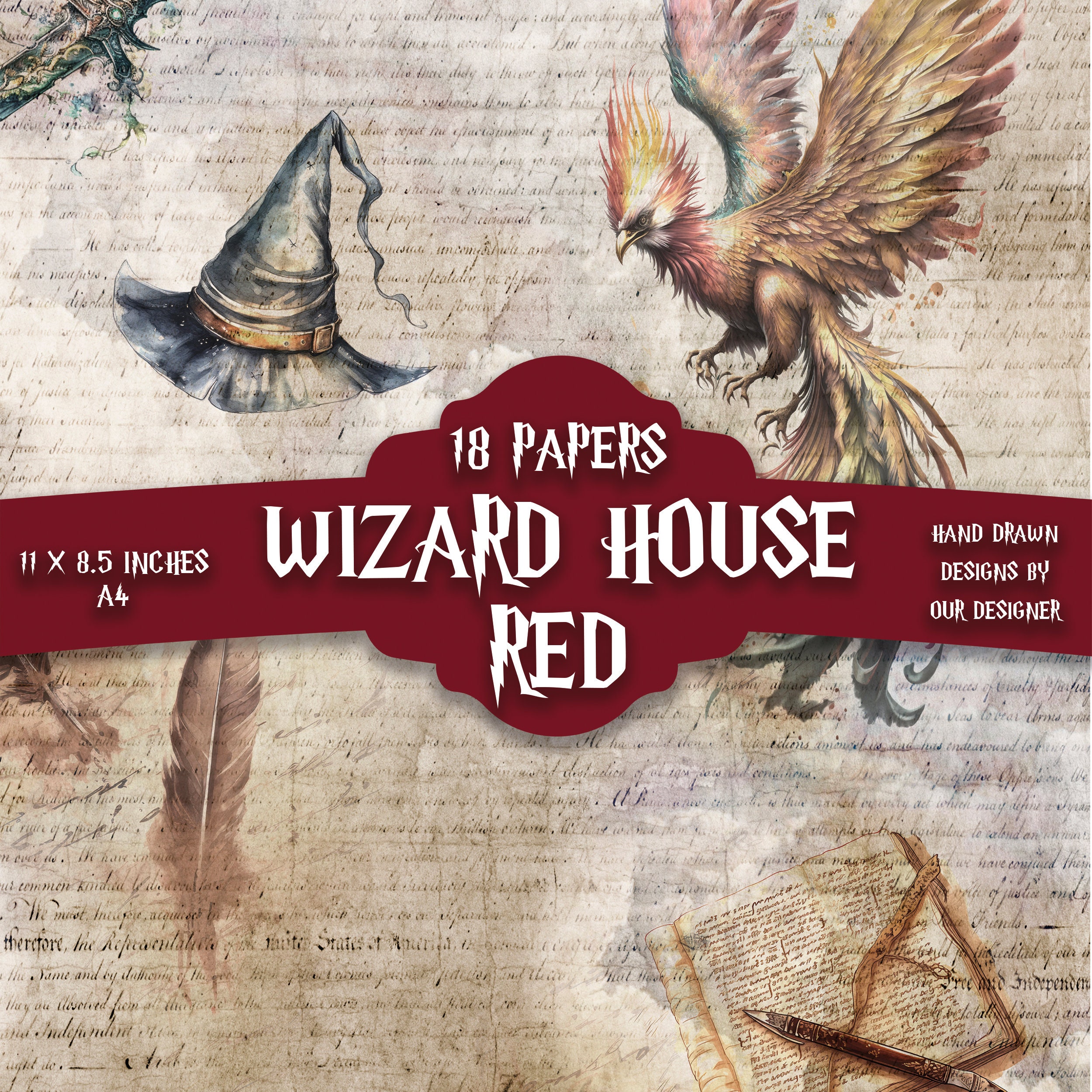 Wizard House Red Pattern Digital Paper: Magic Scrapbook Backgrounds ...