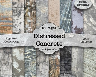 Set of 16 - Distressed Concrete Textures Journal Pack Pages, Junk Journal Kit, Decorative Papers, Printable Digital, Wallpaper, Scrapbook