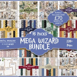 Mega Bundle 16 confezioni - 223 pagine di Junk Journal, 30 segnalibri e set di cancelleria Wizard! carta digitale, mago, magia, elementi, strega, bundle