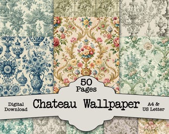 Papeles de empapelar Chateau: diseños para Junk Journal y Scrapbook (descarga digital) Kit para Junk Journal y Scrapbook Manualidades, arte floral francés
