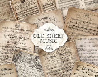 May include: A collection of antique sheet music pages with a sepia tone. The pages feature musical notations, text, and titles such as "Queen of Prussia" and "General George Washington." The image includes the text "Old Sheet Music" and dimensions of 8.5 x 11 inches.