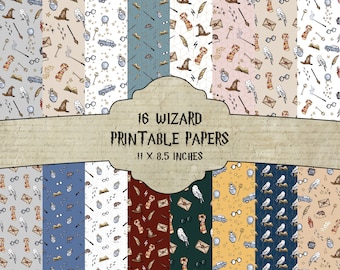 May include: 16 printable papers featuring a wizard theme. The papers have various patterns with owls, glasses, wands, hats, and other wizarding objects. The papers are 11 x 8.5 inches.