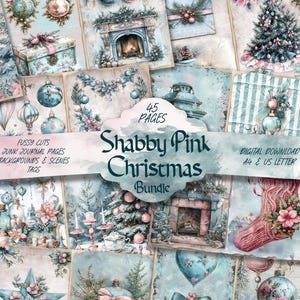 Paquete de diario basura navideño de 45 páginas con estilo shabby chic, rosa y turquesa, álbum de recortes, elementos, tarjetas, etiquetas, recortes minuciosos, fondos, vintage