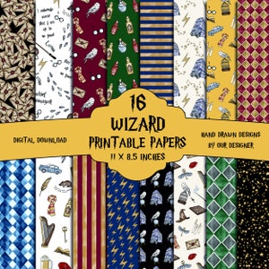 Conjunto de 16 - Papel digital com padrão de bruxo, diário de bruxo, fundo mágico, adesivos, etiquetas, mágica, bruxo, papel de bruxa, para impressão