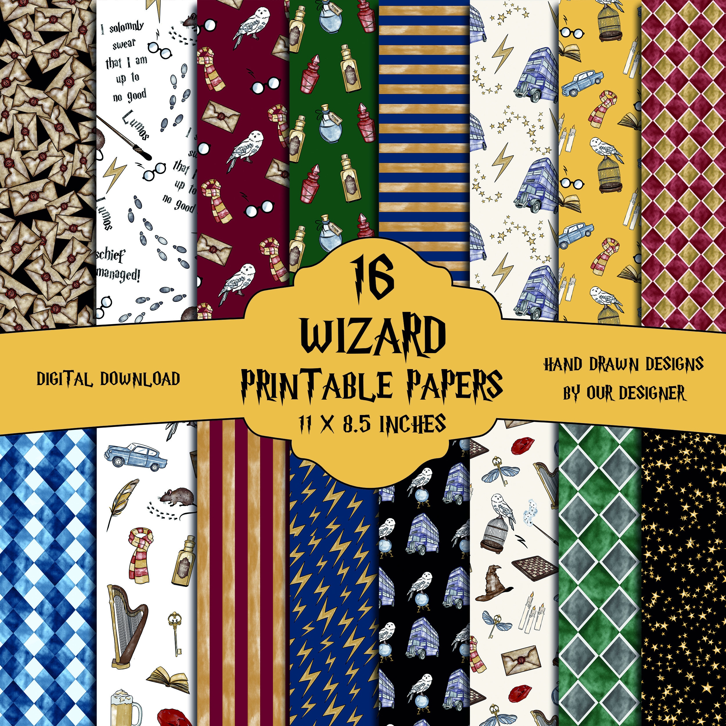 Set of 16 Wizard Pattern Digital Paper, Wizard Junk Journal, Magic ...