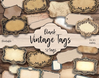 52 Vintage Blank Tags: Printable Scrapbook Embellishments (Digital Download) Junk Journal Scrapbook Kit Craft Crafting