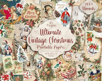 May include: A collage of vintage Christmas images, including illustrations of Santa Claus, reindeer, snowmen, and Christmas trees. The collage is made up of 45 pages and includes over 200 elements. The text "Ultimate Vintage Christmas Printable Papers" is displayed in the center of the collage.