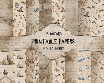 May include: A collection of 16 wizard-themed printable papers, each 11 x 8.5 inches. The papers feature repeating patterns of wizarding elements like hats, scarves, owls, and potions, set against a vintage parchment background.
