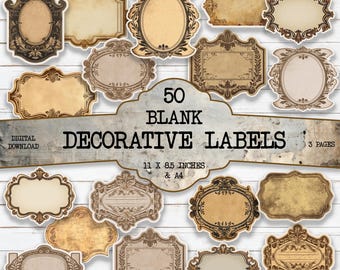 50 Vintage Blank Decorative Labels: Printable Scrapbook Ephemera (Digital Download) Junk Journal Scrapbook Kit Craft Crafting