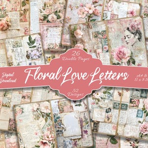 Conjunto de 26 - Páginas de diário de carta de amor floral de página dupla, diário de lixo, papéis decorativos, chique gasto para impressão, rosas, papel de parede, peônia,