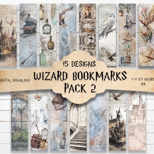 May include: 15 printable wizard bookmark designs in a digital download pack. The bookmarks feature a variety of magical themes, including owls, potions, and a castle. The bookmarks are 11 x 8.5 inches and are designed to be printed on A4 paper.
