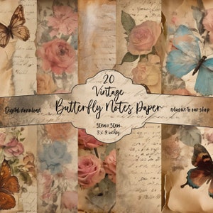 Set di 20 - Farfalle e fiori Carta digitale vintage, etichette, diario spazzatura, floreale, shabby, album, farfalle, giardino stravagante, rose