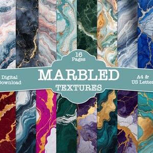 May include: A digital download showcasing 16 pages of marbled textures in shades of blue, pink, green, and purple, with gold detailing. The image includes the text "MARBLED TEXTURES" and "A4 & US Letter".