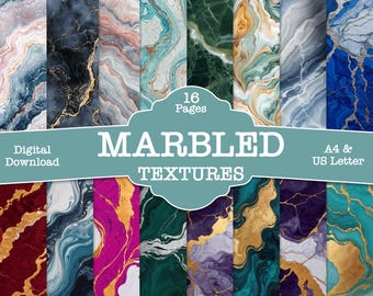Vibrant Marble Textures Journal Pages: Printable Scrapbook Paper (Digital Download) Junk Journal Kit, Bright, Colourful Marbled texture pack