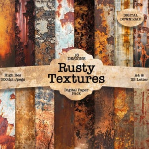 May include: A digital paper pack featuring 16 designs of rusty textures. The textures showcase various shades of orange, brown, and red, with distressed and weathered effects. The pack includes high-resolution 300dpi Jpegs, A4 & US Letter sizes, and is available as a digital download.