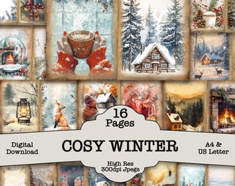Cosy Winter Junk Journal Pages Kit, Decorative Papers, Printable vintage, Scrapbook, (Digital Download) Craft and Scrapbooking