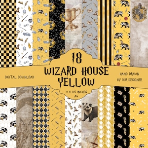 Set di 18 - Casa del mago gialla, carta digitale con motivi, diario dei maghi, sfondo magico, magia, mago, carta da strega, stampabile