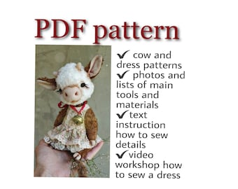 PDF sewing pattern teddy bear toy pattern download Artis teddy toy  digital pdf pattern cow stuffed animal cow  toy sewing turtural pattern
