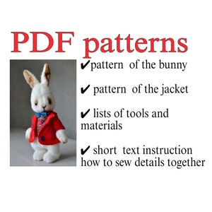 May include: PDF patterns for a bunny wearing a red jacket. The patterns include instructions on how to sew the details together.