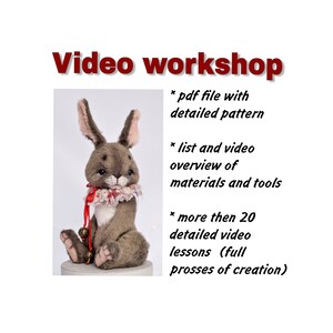 May include: A video workshop for creating a plush bunny toy. The workshop includes a PDF pattern, a video overview of materials and tools, and over 20 detailed video lessons.