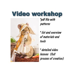 May include: A whimsical image featuring a plush mouse dressed in a bonnet and apron, holding a key. The text "Video workshop" is at the top, with bullet points listing a PDF file with patterns, materials list, and video lessons.