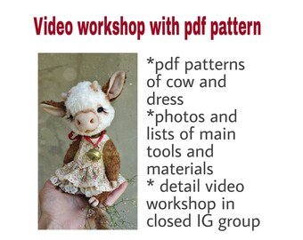 Teddy PDF sewing pattern cow toy sewing video tutorial stuffed animal sewing video workshop tutorial teddy toy calf teddy toy DIY video file