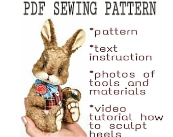 Op de afbeelding: PDF-naai-patroon voor een pluche konijnenknuffel. Het patroon bevat instructies, foto's van gereedschap en materialen, en een video-tutorial over het vormen van de hakken.