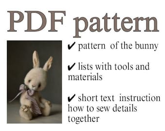Op de afbeelding: PDF-patroon voor het naaien van een konijn. Het patroon bevat instructies, een lijst met gereedschappen en materialen, en een afbeelding van het afgewerkte konijn.