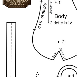 Op de afbeelding: Zwart-witte lijntekeningpatroon voor een teddybeer. Het patroon bevat instructies voor het naaien van de lichaams-, hoofd-, staart- en handdelen. Het patroon bevat de tekst "Teddy Toy by Antonenko Oksana".