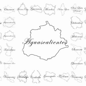 May include: A detailed map of Mexico featuring outlines of each state, with their names elegantly scripted. The central focus is on Aguascalientes, highlighted with a larger outline. The map is in black and white.
