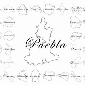 May include: A detailed black and white map of Mexico, featuring outlines of various states. The word "Puebla" is prominently displayed in elegant script, surrounded by other state names.