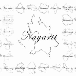 Könnte beinhalten: Eine detaillierte Karte von Mexiko mit Umrissen verschiedener Bundesstaaten. Der Schwerpunkt liegt auf Nayarit, dessen Name elegant geschrieben ist. Die umliegenden Bundesstaaten sind ebenfalls in einer zarten Schreibschrift beschriftet, was eine umfassende geografische Illustration ergibt.