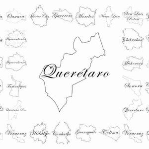 May include: A black and white map of Mexico, with the state of Querétaro outlined and highlighted. The image features outlines of other Mexican states, each labelled with its name in a decorative script. It is a geographical illustration.