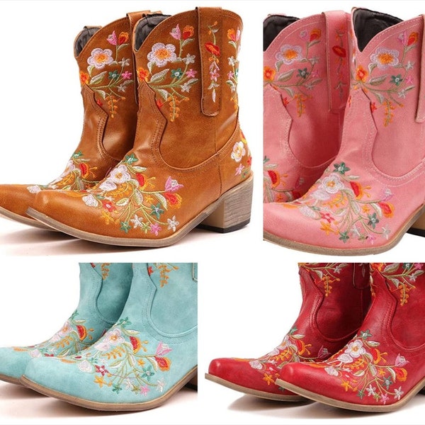 Handmade Western Flower Embroidered Cowgirl Ankle Boots