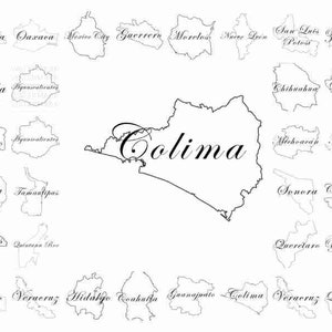 May include: A black and white map of Mexico with outlines of various states. The state of Colima is prominently labeled. Other states include Oaxaca, Puebla, and Veracruz. The image is a detailed geographical illustration.
