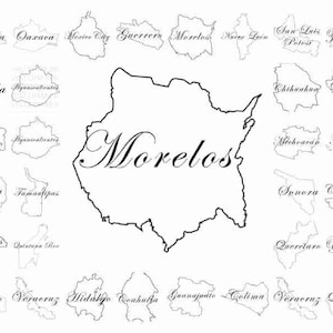 Peut inclure: Une carte en noir et blanc du Mexique, avec l'état de Morelos mis en évidence. Autour, des contours d'autres états mexicains, chacun étiqueté en écriture cursive. L'image est une illustration géographique.