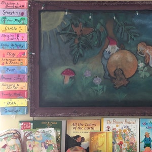 K&ouml;nnte beinhalten: Ein farbenfroher Lernraum mit einer Tafel, auf der eine fantasievolle Illustration eines Zwergs zu sehen ist, der Trommel spielt. Der Raum ist au&szlig;erdem mit verschiedenen B&uuml;chern ausgestattet, darunter "Alle Farben der Erde" und "Das Blumenfest", sowie einem Holzspielzeugset.