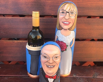 Personalised wooden wine bottle case from photo cartoon caricature