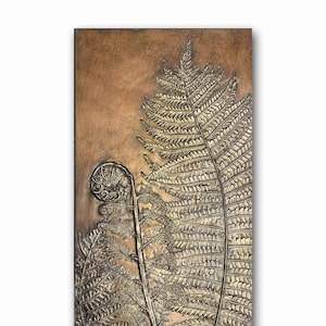 Tree Fern Panel. An 8&quot; x 16&quot; covered with fronds and an ornate fiddlehead, wired on the back and ready to hang.
