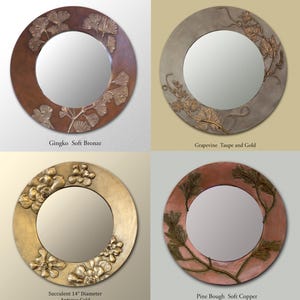 Small Round Decorative Mirror in several designs. Gingko, Succulent, Pine and Grapevine. Also see individual listings.