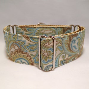 2 inch Martingale Collar, Creme Gold Beige Mustard Blues Paisley Fabric Martingale Collar, Greyhound Dog Martingale Collar,