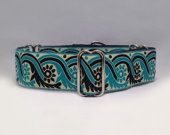 1.5 inch Martingale Collar, "Sari" Turquoise Black Jacquard Ribbon Martingale Collar, Greyhound Martingale Collar, Dog Martingale Collar