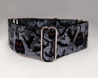 Coleira de martingale de 2 polegadas, coleira de martingale de tecido de morcegos, corujas assustadoras de Halloween, coleira de martingale de galgo, coleira de martingale de cachorro