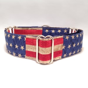 May include: A dog collar featuring a patriotic American flag design. The collar has a blue background with white stars and red and white stripes. The collar is made of fabric and has silver metal hardware.