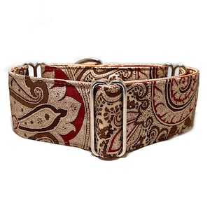 Collar martingala de 2 pulgadas, collar martingala de tela con estampado de cachemira color burdeos y marrón, collar martingala para galgos, collar martingala para perros