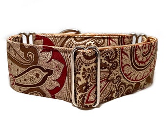 2 inch Martingale Collar, Brown Burgundy Paisley Pattern Fabric Martingale Collar, Greyhound Martingale Collar, Dog Martingale Collar