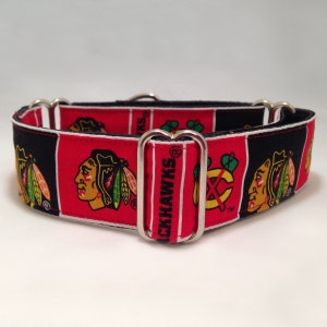 Collar martingala de 1,5 pulgadas, collar martingala de tela roja y negra de los Chicago Blackhawks de la NHL, collar martingala para galgos, collar martingala para perros