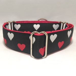 Collar Martingale de 1,5 pulgadas, negro con corazones rojos y blancos, collar Martingale con cinta de jacquard, collar Martingale para perros galgos