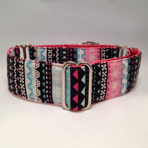 1.5 inch or 2 inch Martingale Collar, Winter Nordic Pattern Stripes Pink Holiday Seasonal Martingale Collar, Greyhound Dog Martingale Collar